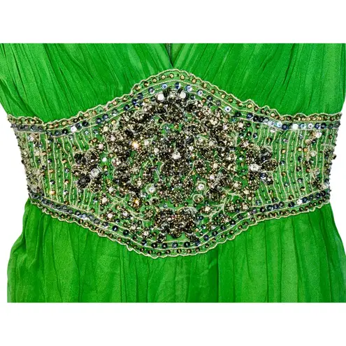 NWT Mandalay Dark Lime Green Silk Beaded Sequin Mini Evening Dress Women Size 14