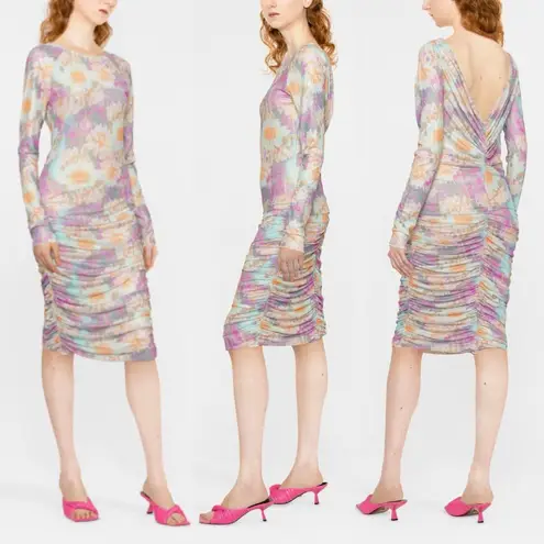 New Rotate Ulla Floral Print Ruched Mesh Long Sleeve Bodycon Dress Size 2 Multi