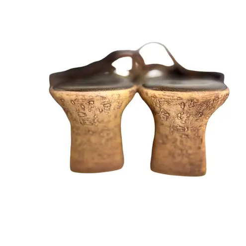 Y2K VTG. CHUNKY BROWN/BRONZE LEATHER WEDGE SANDALS SZ. 9.5
