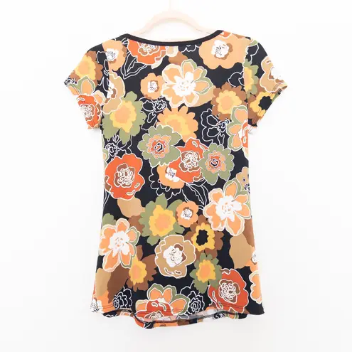 Y2K Only 9 Womens Babydoll Top Size M Petite Black Orange Floral Retro Indie