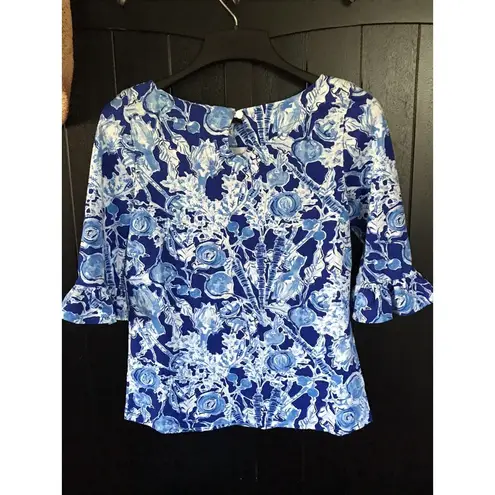 Lilly Pulitzer  Small Tunic Top Boat Neck Blue/White Pretty Peas Cotton Spandex