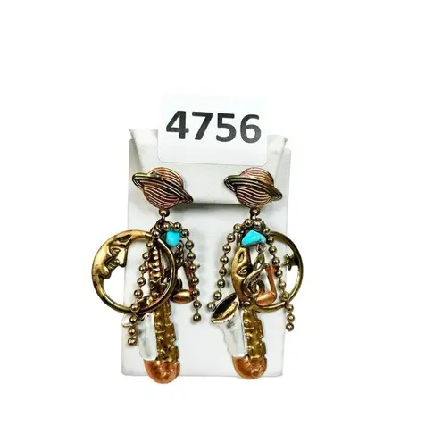 The Moon Saxophone,   and Saturn charm dangle earrings copper gold and blue hue music