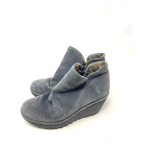 Fly London Yip Oil Suede Wedge Booties Gray Size 38 / US 7.5-8
