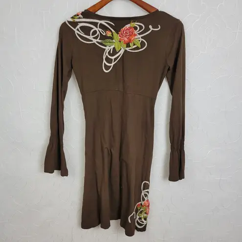 Johnny Was LA Dress Womens XS Brown Floral Embroidered Applique Babydoll V-Neck
