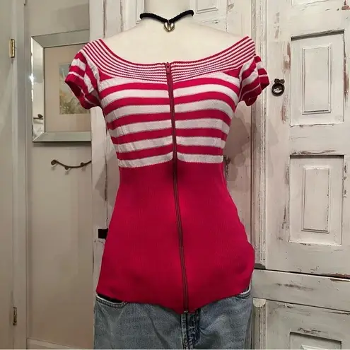 Vintage Dolce Vita Pink White Striped Shimmer Zip Front Knit Y2K Top Size M Size M