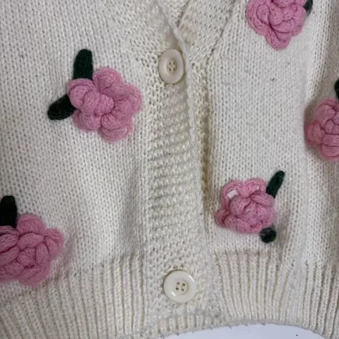 Luna Ivy Cream Knit Cardigan XS – 3D Pink Floral Appliqué Sweater