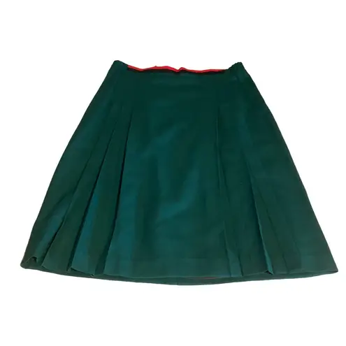 VINTAGE 1980'S GREEN W/RED & BLACK WAIST PLEATED WOOL MIDI SKIRT (16)