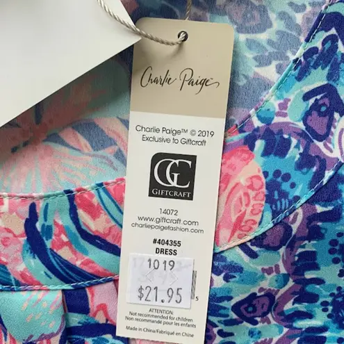 Charlie Paige Floral Summer Mini Dress Women M Blue Pink Pleated Round Neck NWT