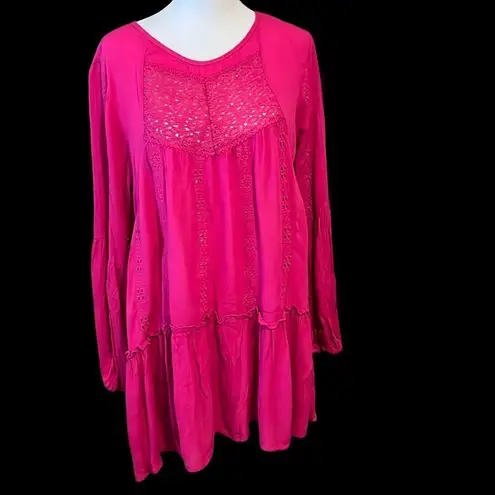 NWT Adiva bright pink LS mini dress or tunic keyhole flowy flouncy ruffles lace Pink