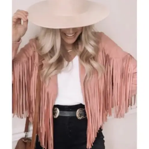 Womens Mauve Fringed Faux Suede Good Vibes Moto Jacket sz large Pink