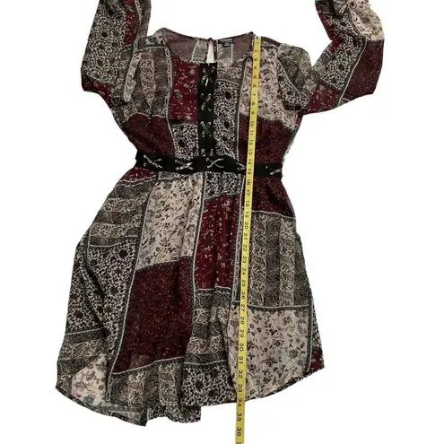 Hommage Women's Patchwork Long Sleeve Mini Dress Size Medium Red Black Tan