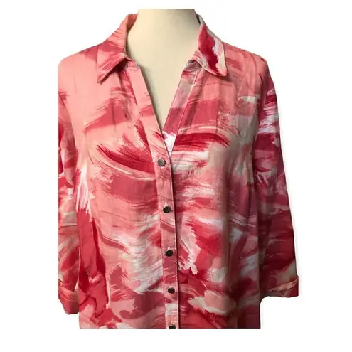 JM Collection Apple Sumi Ink Brush JM.Collection button down blouse silver sleek button front