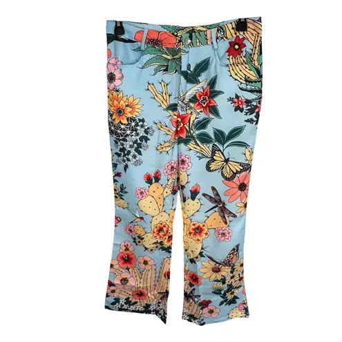 Floral Print Wide Leg Pants High Waist Bohemian Style Trousers L Blue Size L
