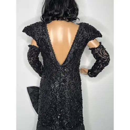 Vintage Demetrios Black Beaded Evening Gown with Dramatic Bow gloves M