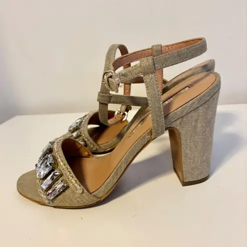 Audrey Brooke  Open Toe Ankle Strap Block Heel Sandals Embellished Tan Grey 7.5