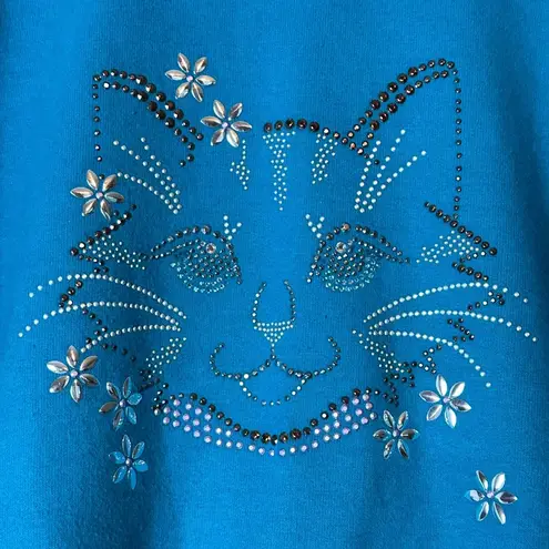 Vintage Bedazzled Cat Sweatshirt Grandma Sweater Size Large Blue