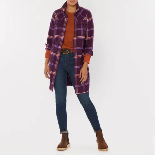 Duluth Trading Co Folklore Flannel Duster Purple elderberry windowpane plaid