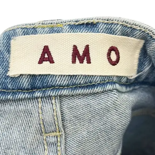 AMO Kick Crop Jeans in Sweet Cheeks Distressed Raw Hem Mid Rise Women’s Size 26 Blue