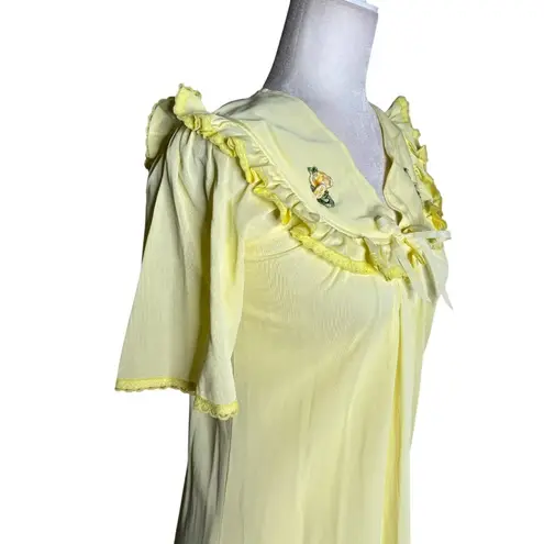 Vintage Nylon Nightgown Ruffled Collar Small Yellow Floral Embroidery Maxi