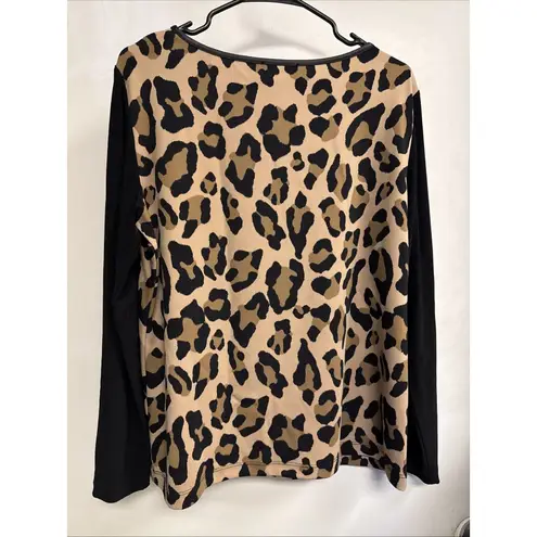 Isaac Mizrahi  NY Size XL Leopard Print Black‎ Stretchy Long Sleeve Crew Neck