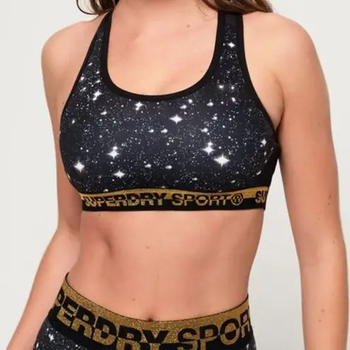 Superdry Core Layer Racerback Mesh Sports Bra Galaxy Print Size 6 Black
