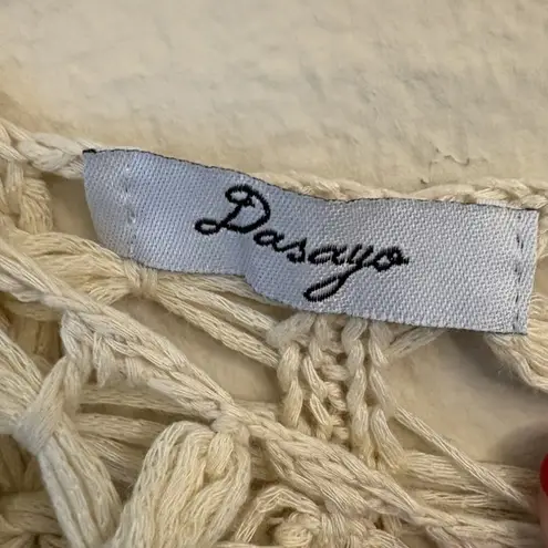 Dasayo Crochet Gauze Sleeveless Beach Cover Up Tunic Top Scoop Neck Beige OS Size L