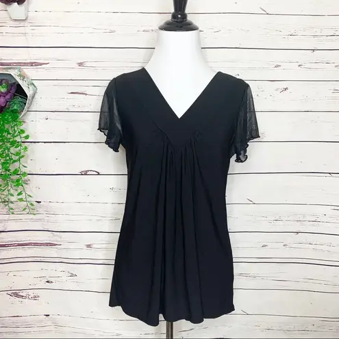 Ava James  Solid Black V Neck Sheer Sleeve Blouse Top Size Medium