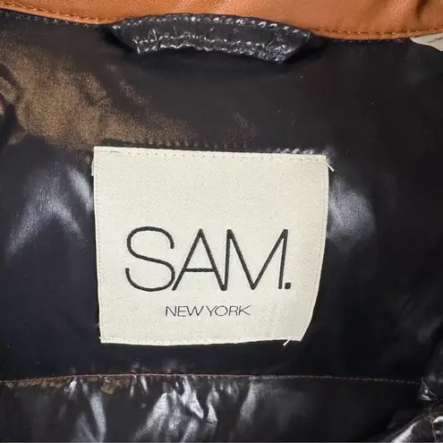 SAM. Isabel Vegan Down Puffer Jacket Faux Leather Stowaway Hood Saddle Brown S