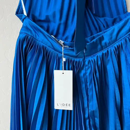 L’IDEE Renaissance Moroccan Blue Pleated Satin Crisscross Halter Mini Dress NWT Size 8