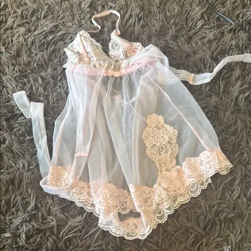 Frederick's of Hollywood , vintage Pink halter Lace Babydoll nightie dress small