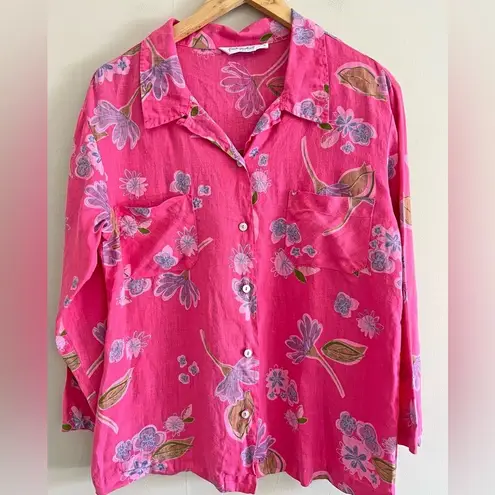 Fresh Produce Pink Floral Linen Shirt S | Boho Coastal Button Down USA
