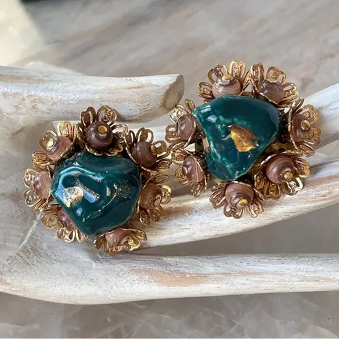 Vintage Gaudy Grandmacore Blue Green Nugget Clip On Earrings Kitschy Glam