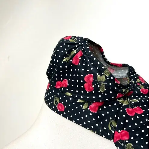 Vintage 90s Cherry Print Swiss Dot Black Wiggle Dress Large Size M