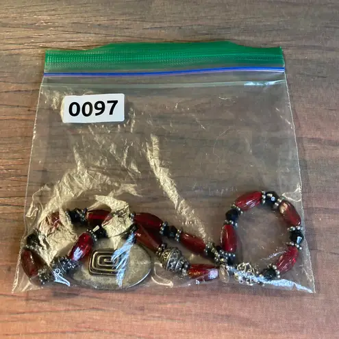 Chico's 0097  Tribal-Style Red & Black Statement Necklace w/Spiral Design Pendant