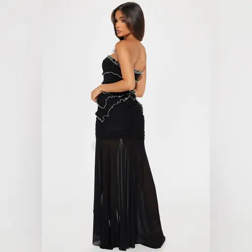 NWT Klesis Black/White Ruffle Mesh Strapless Maxi Dress Size Small Black