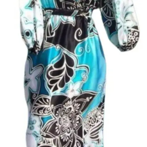 Cache  Tropical Black White Blue Silk Dress Adjust Draw Waist Belt New $188 NWT
