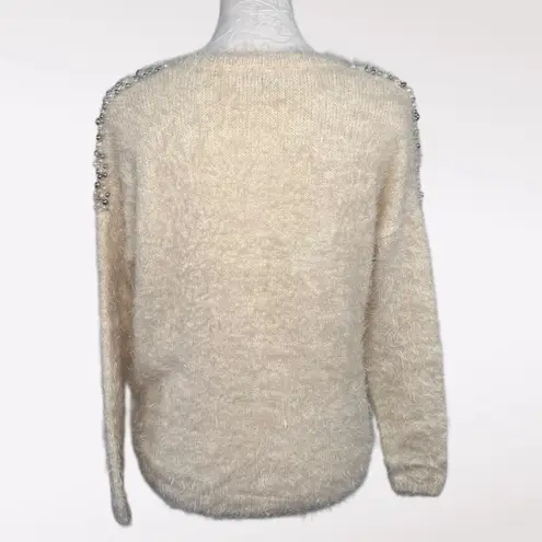 Mizumi Ivory Beaded Fuzzy Sweater Embellished Long Sleeve Soft Knit Size Small White