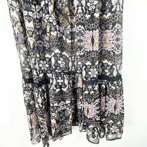 EASEL Black Floral Sheer Lace Inset Double Front Ties Kimono Cardigan Medium