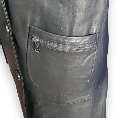 L’Univers Du Luxe Black Leather Longline Trench Coat Zipper Pockets Button Down Black