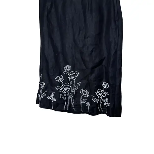 Mary McFadden Petite Black Linen Blend Midi Skirt White Floral Embroidery 8P