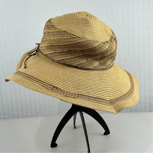 Hat Stuff Elegant Tan Paper Sun Hat with Brown Ribbon Accents Beach Resortwear