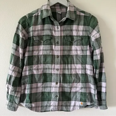 Carhartt  Green Purple Flannel Plaid Button Down Shirt