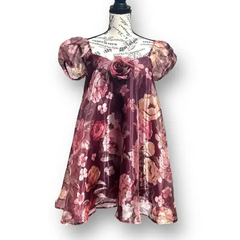 Lulus Red Floral Organza Mini Dress Puff Sleeve Rosette Wedding Guest Coquette S