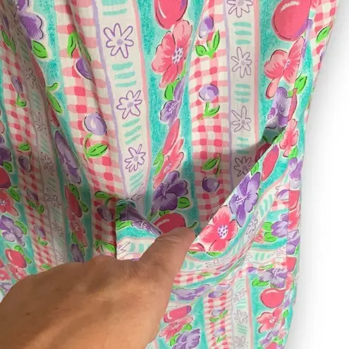 Vintage 80s Dress Colorful Fruit Floral Red Gingham Checkered Tropical Print Blue Size M
