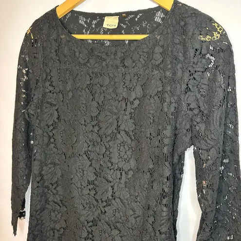 Ecru Black Lace Scallop Hem Lined Blouse Women's Medium / 8