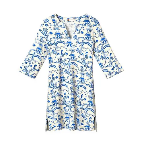 Jude Connally Megan Short Dress Chinoiserie Print Asian Artsy Size XS Blue White