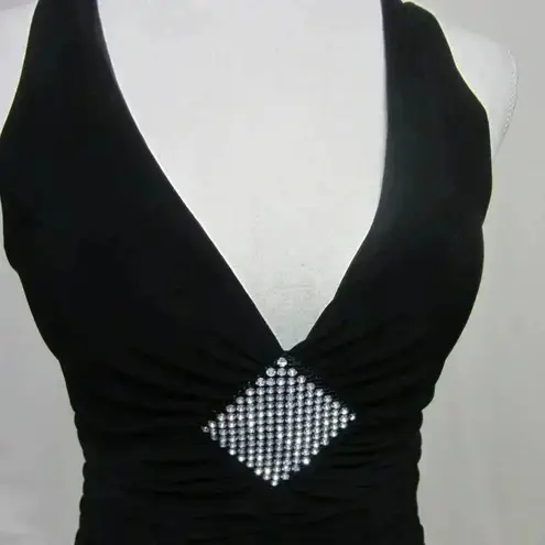 BLACK PARTY DRESS WITH RHINESTONE TRIM, FLOUNCY SKIRT. GOOD CLEAN CONDITION Size undefined