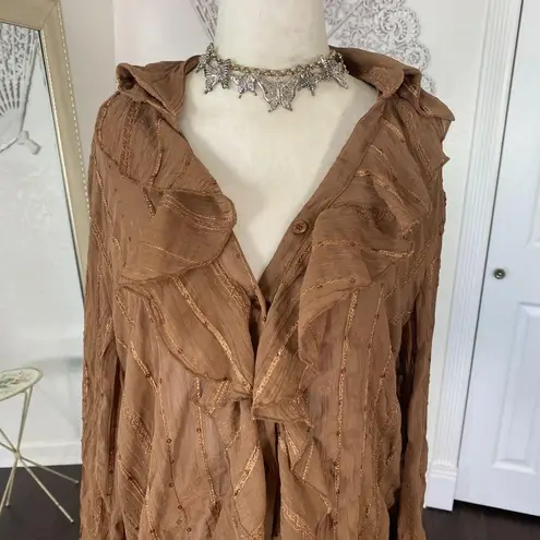 Adolfo Brown Tan Early 2000's Frilly Ruffle Sequin Flare Button Up Blouse XL