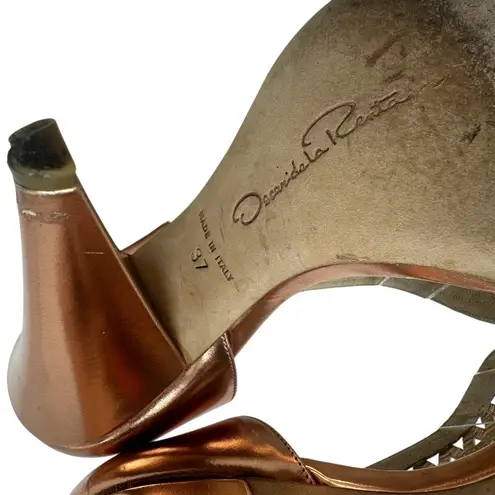 Oscar de la Renta High Heel Sandals Leather Braided Metallic Rose Gold 37 US 7