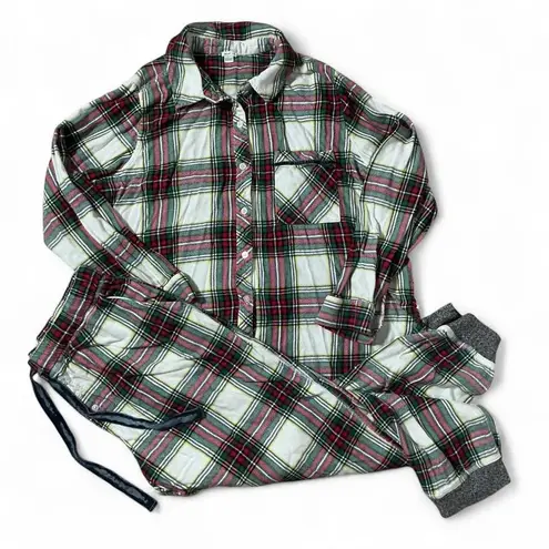Aerie  Plaid Pajama Set Button Up Shirt Pants Women's Red Green Sleepwear L thumbnail 1